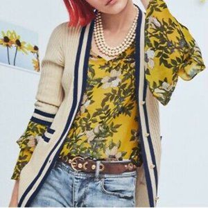 Cabi floral scene blouse mustard yellow floral bell sleeve ruffle